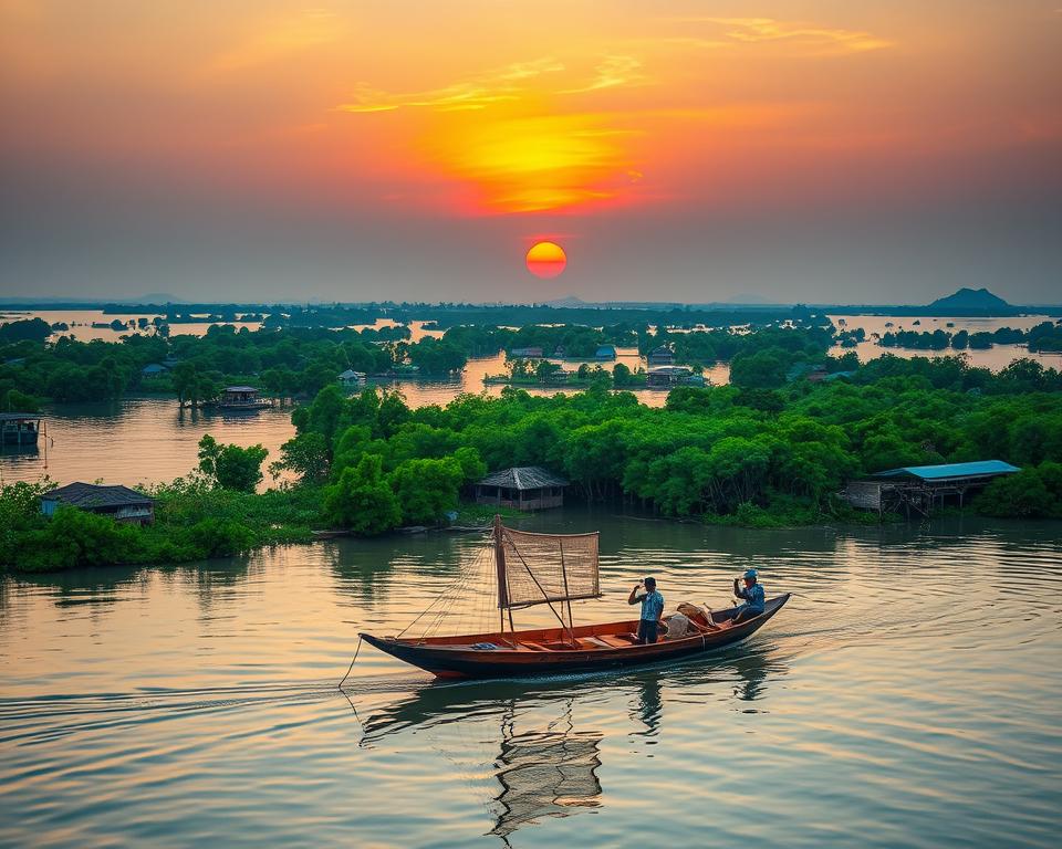 A serene landscape of Tonle Sap, showcasing the vibrant beauty of the largest freshwater lake in Southeast Asia. In the foreground, a traditional wooden fishing boat gently glides across the calm waters, with fishermen casting their nets. The middle ground features lush green mangroves and floating villages, capturing the essence of local life. The background displays a stunning sunset, painting the sky in hues of orange and pink, reflecting on the lake’s surface. Soft, warm lighting creates a tranquil atmosphere, evoking a sense of adventure and exploration. The angle is slightly elevated, providing a panoramic view that invites the viewer to immerse themselves in this picturesque setting of Siem Reap’s gateway to Tonle Sap.