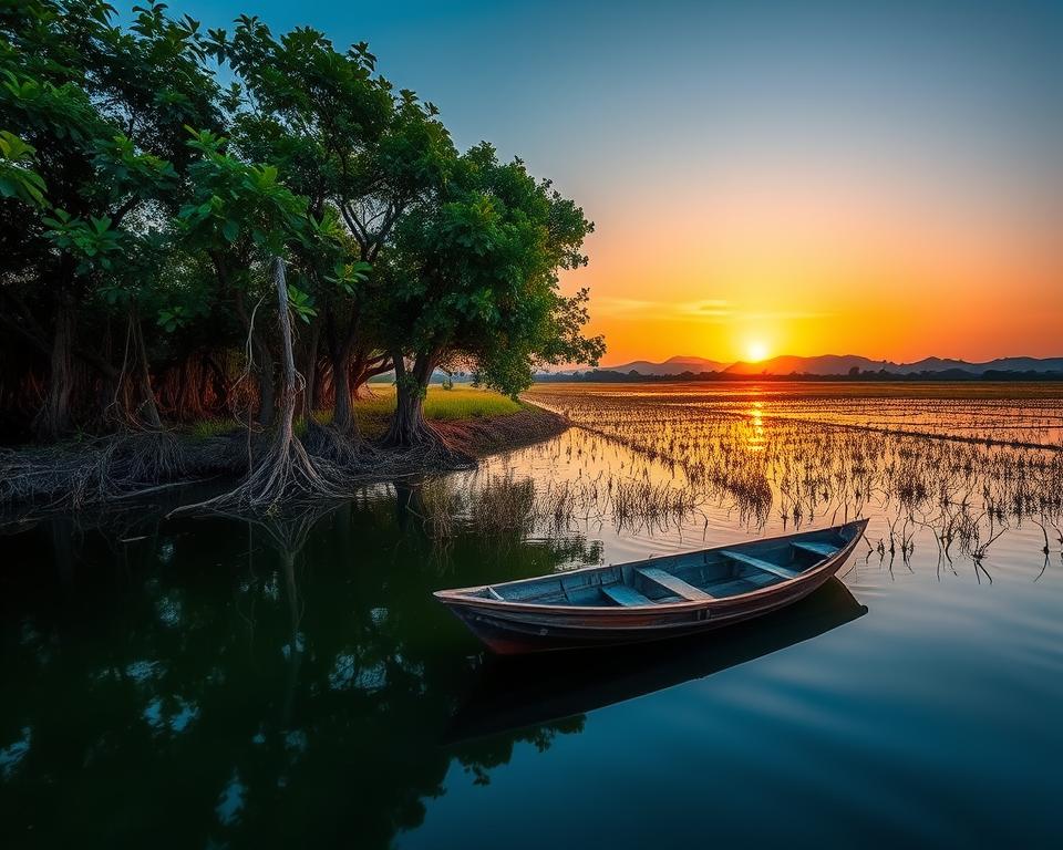 A serene landscape of the UNESCO Biosphere Reserve at Tonle Sap in Cambodia, showcasing the unique ecosystem. In the foreground, a tranquil lake reflects the lush greenery, with a small traditional wooden boat gently gliding on the water. The middle ground features dense mangrove trees, their roots visible in the shallow water, creating a habitat for various bird species. In the background, a vibrant sunset casts warm golden and orange hues across the sky, illuminating the wetlands and the distant mountains. The scene is peaceful and inviting, emphasizing the natural beauty and ecological significance of the area. Capture this picturesque setting with soft, natural lighting and a wide-angle view to highlight the expansive landscape, creating a mood of tranquility and reverence for nature.