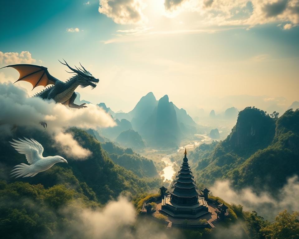 A serene representation of Vietnamese mythology surrounding the Mua Caves, featuring a majestic dragon soaring through wispy clouds in the foreground, embodying strength and mystique. In the middle ground, a mystical landscape unfolds with lush, verdant mountains and winding rivers illuminated by soft, golden sunlight breaking through the foliage. An ancient stone pagoda can be seen, surrounded by symbols of local folklore, such as stylized phoenixes and lotus flowers, adding cultural depth. In the background, a hazy view of the Mua Caves looms, their dramatic formations creating a sense of wonder. The scene should evoke a tranquil and enchanting atmosphere, captured with a wide-angle lens to accentuate depth, emphasizing vibrant colors for a magical feel.