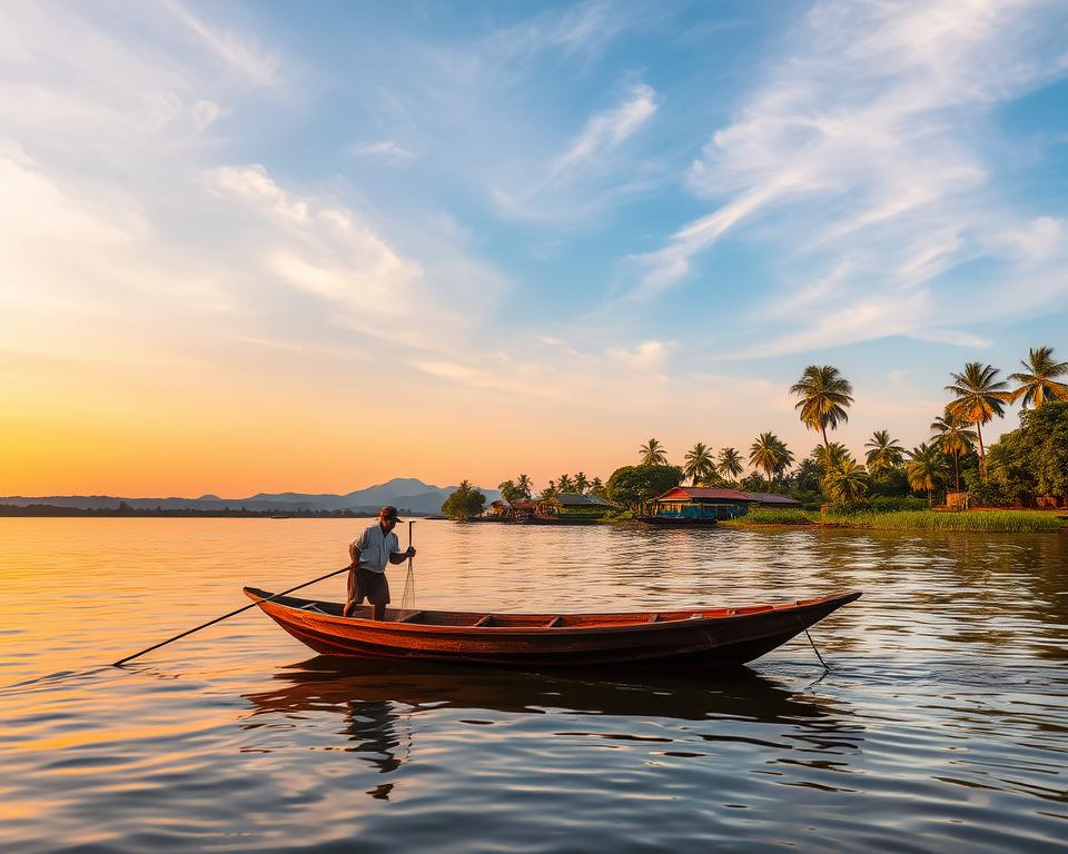 A serene scene at Tonle Sap, Cambodia during the golden hour, capturing the tranquil waters reflecting the warm hues of the sunset. In the foreground, a traditional wooden fishing boat gently floats, with a fisherman dressed in modest casual clothing casting a net. The middle ground features lush greenery and palm trees flanking the shoreline, while a few small floating villages are visible in the distance, showcasing local life. The background reveals the expansive lake bordered by distant hills, under a vibrant sky with wispy clouds. The atmosphere is peaceful and inviting, ideal for exploring practical travel tips. Use a soft-focus lens to enhance the dreamy quality of the scene and ensure the lighting emphasizes the warm, tranquil mood without harsh shadows.