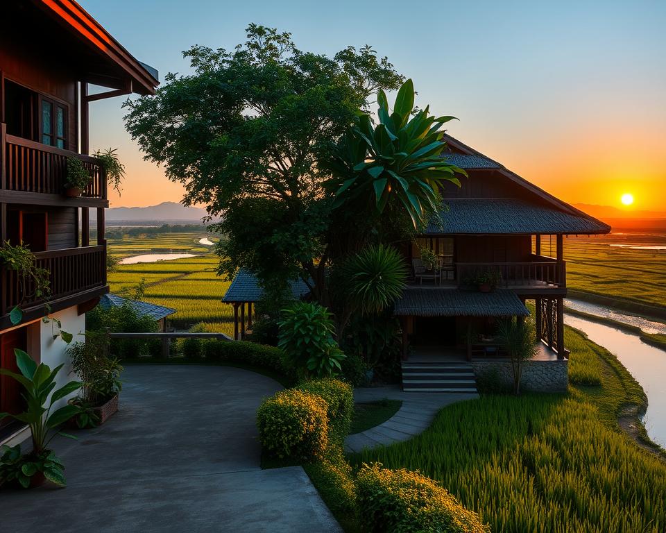 A serene scene depicting a variety of accommodations in the Mekong Delta, Vietnam. In the foreground, a charming boutique hotel with traditional Vietnamese architecture, complete with wooden balconies and tropical plants. Nearby, a cozy homestay featuring a thatched roof and a welcoming entrance surrounded by lush greenery. In the middle ground, rice paddies and a winding river reflect the vibrant colors of the setting sun, casting warm golden hues across the landscape. In the background, silhouettes of distant hills under a clear blue sky. The ambiance is tranquil and inviting, with gentle lighting suggesting late afternoon, enhancing the natural beauty and cultural essence of South Vietnam. A professional photographer’s lens perspective captures the essence of these unique accommodations.