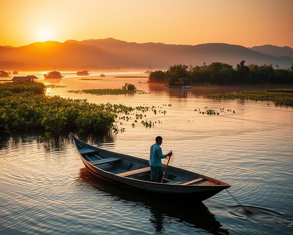 A serene scene of Tonle Sap Lake in Cambodia, showcasing its unique ecosystem. In the foreground, a traditional wooden fishing boat glides gracefully across the calm waters, with a fisherman in modest casual clothing skillfully casting his net. In the middle ground, lush green mangroves and floating villages reflect the vibrant colors of the sunrise, illuminating the soft ripples of the lake. The background features distant hills shrouded in mist, creating depth and a tranquil atmosphere. Captured from a low angle with warm, golden lighting, emphasizing the peaceful morning light filtering through the trees. The image conveys a sense of harmony between nature and local life, perfect for showcasing the beauty of photography and nature observation in this remarkable region.