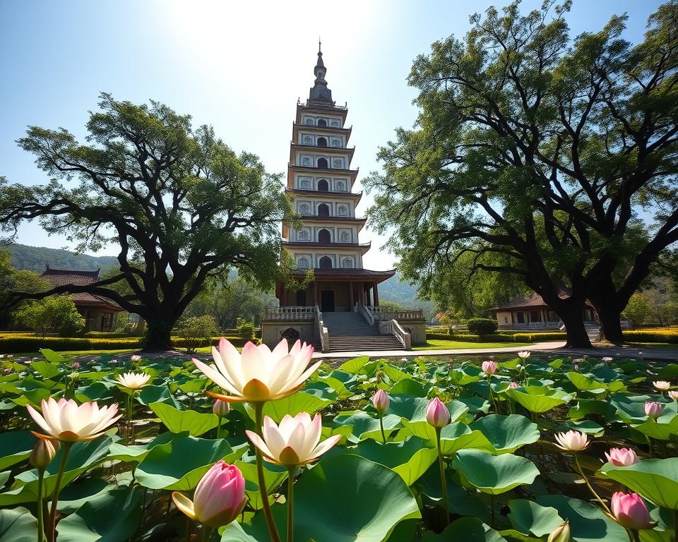 A serene view of Thiên Mụ Pagoda, showcasing its stunning seven-story tower surrounded by lush greenery, lotus ponds, and traditional Vietnamese architecture. In the foreground, delicate lotus flowers bloom, adding vibrant color. The middle ground features the pagoda rising majestically against a clear blue sky, framed by ancient trees. Sunlight filters through the leaves, creating dappled patterns on the ground, evoking a peaceful atmosphere. The background reveals soft hills of Hue, enhancing the natural beauty of the site. Capture this scene from a low angle to emphasize the height of the pagoda, with a slight wide lens to include the tranquil surroundings. The overall mood is reflective and spiritual, highlighting the pagoda's significance as a cultural landmark.