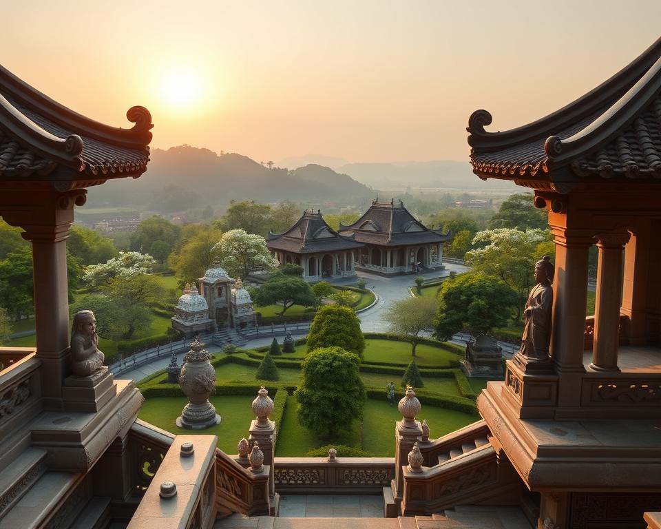 A serene view of the Kaisergräber in Huế, Vietnam, showcasing the intricate architectural details of the royal tombs surrounded by lush green gardens. In the foreground, ornate stone carvings and statues representing ancient Vietnamese culture can be seen, while in the middle ground, the elegant tombs rise majestically, with their traditional roofs and symmetry reflecting the craftsmanship of the Nguyen dynasty. The background features gentle hills and blooming trees, under a soft, golden sunset that casts a warm glow over the scene. The atmosphere is tranquil and reflective, evoking a sense of history and reverence. Use a wide-angle lens to capture the vastness, highlighting the beauty of the details while maintaining a clear and inviting scene.