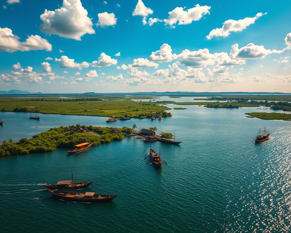 A stunning aerial view of Tonle Sap Lake in Cambodia, showcasing the vast expanse of shimmering blue water surrounded by lush green vegetation. In the foreground, traditional wooden fishing boats are gently bobbing on the water, showcasing the local culture. The middle ground features small floating villages with stilt houses, offering a glimpse into the lifestyle of the communities. The background includes distant rolling hills under a bright blue sky scattered with fluffy white clouds. The sunlight casts a warm golden hue over the scene, enhancing the vibrant colors of the landscape. Capture the tranquil atmosphere of this natural jewel, emphasizing the connection between water and land, perfect for illustrating the geography and location of Tonle Sap Lake.