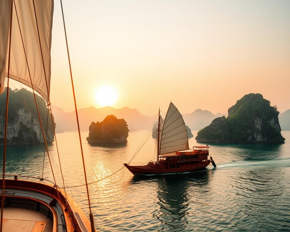 A stunning cruise through the picturesque Halong Bay and Lan Ha Bay, showcasing dramatic limestone karst islands jutting out from emerald waters. In the foreground, a traditional wooden junk boat with billowing sails glides gracefully across the serene sea, reflecting softly in the water's surface. The middle ground features lush green islands, with intricate rock formations and scattered vegetation bathed in the golden glow of sunset. The background reveals a hazy horizon, where the sun dips below the mountains, casting a warm, magical light over the entire scene. The atmosphere is tranquil and inviting, evoking a sense of wonder and exploration in this breathtaking northern Vietnam landscape.