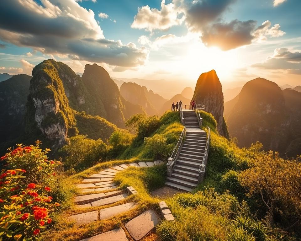 A stunning landscape of Hang Mua Fotospot in Vietnam, showcasing the majestic limestone peaks bathed in golden sunlight. In the foreground, a winding path leads up to a viewpoint, lined with lush greenery and vibrant wildflowers. In the middle ground, a traditional stone staircase climbs toward the summit, inviting exploration, while small figures dressed in modest casual clothing can be seen ascending, capturing the breathtaking views. The background features a dramatic sky with scattered clouds, enhancing the serene atmosphere. Natural light casts soft shadows, creating a peaceful, inviting mood. The angle should capture both the grandeur of the mountains and the intricate details of the surrounding nature, emphasizing the perfect photography opportunities this location offers.