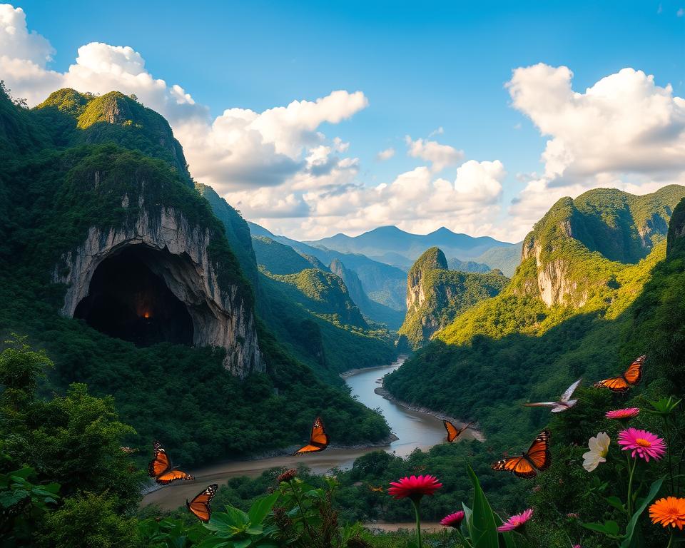 A stunning landscape showcasing the natural beauty of Phong Nha-Ke Bang National Park in Vietnam, with its lush green forests, towering limestone karsts, and winding rivers in the foreground. Include a serene cave entrance with a subtle glow emanating from within, hinting at the hidden wonders inside. In the middle ground, depict diverse wildlife, such as birds and butterflies, fluttering among vibrant tropical flowers. The background should feature dramatic mountains under a clear blue sky, with fluffy white clouds softly illuminated by golden sunlight, creating an inviting and adventurous atmosphere. Use a wide-angle lens perspective to capture the expansive landscape. The mood should evoke a sense of exploration and tranquility, perfect for travel enthusiasts. A stunning landscape showcasing the natural beauty of Phong Nha-Ke Bang National Park in Vietnam, with its lush green forests, towering limestone karsts, and winding rivers in the foreground. Include a serene cave entrance with a subtle glow emanating from within, hinting at the hidden wonders inside. In the middle ground, depict diverse wildlife, such as birds and butterflies, fluttering among vibrant tropical flowers. The background should feature dramatic mountains under a clear blue sky, with fluffy white clouds softly illuminated by golden sunlight, creating an inviting and adventurous atmosphere. Use a wide-angle lens perspective to capture the expansive landscape. The mood should evoke a sense of exploration and tranquility, perfect for travel enthusiasts.