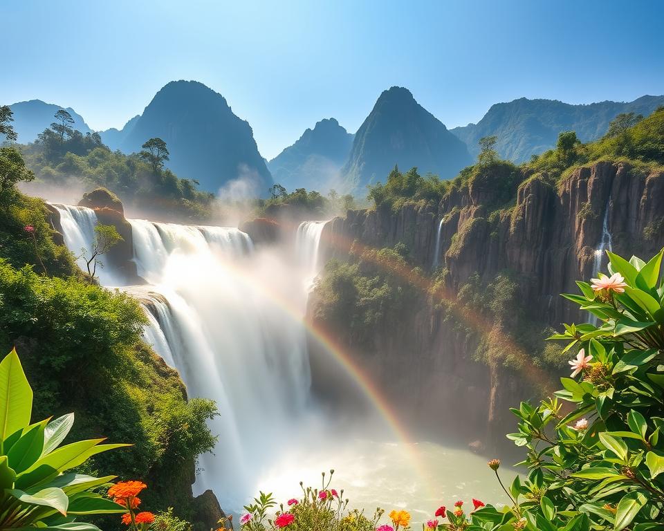 A stunning view of Ban Gioc Waterfall, showcasing its magnificent cascades flowing over lush green cliffs. In the foreground, vibrant tropical foliage and colorful wildflowers frame the scene, creating a sense of depth and vibrancy. The middle ground features the powerful water plunging into a serene pool, sending up mist that catches the sunlight, creating a rainbow effect. In the background, the majestic karst mountains rise under a clear blue sky, accentuating the natural beauty of Cao Bang. The atmosphere is tranquil yet awe-inspiring, evoking a sense of adventure and discovery. Soft, warm lighting enhances the vivid colors and highlights the details of the landscape. Capture this breathtaking moment with a wide-angle lens to emphasize the grandeur of the waterfall and its surroundings.