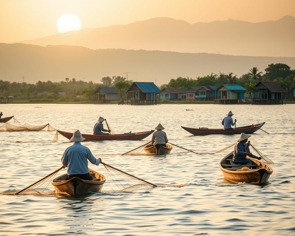A tranquil scene depicting the cultural essence of Tonle Sap Lake. In the foreground, a group of traditional Khmer fishermen in modest clothing, casting nets into the shimmering water. Their weathered wooden boats gliding smoothly over the lake's surface. In the middle ground, picturesque stilt houses, showcasing the unique architectural style of the area, nestled along the shore, with vibrant colors reflecting the local culture. The background features lush greenery and distant hills under a soft golden sunset, casting warm tones over the scene. Light glimmers on the water, creating a serene atmosphere. Capture this moment from a slightly elevated angle to emphasize the harmony between the natural landscape and the local life, evoking a sense of peaceful coexistence and rich cultural heritage.
