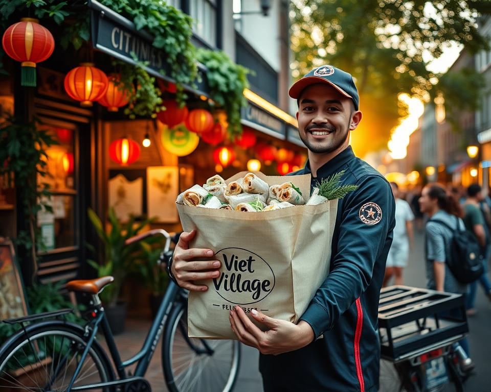 A vibrant Vietnamese street food scene capturing the essence of Viet Village in Köln. In the foreground, a delivery person dressed in a branded uniform is holding a large takeout bag filled with traditional Vietnamese dishes, including pho and spring rolls. The middle ground features a lively outdoor setting with a cozy restaurant facade adorned with colorful lanterns and lush green plants, inviting customers to order. A bicycle with a delivery crate rests nearby, hinting at the delivery service. In the background, a bustling street scene with pedestrians enjoying the atmosphere, illuminated by warm, golden sunset lighting. The overall mood is inviting and cheerful, emphasizing the deliciousness and accessibility of Vietnamese cuisine.