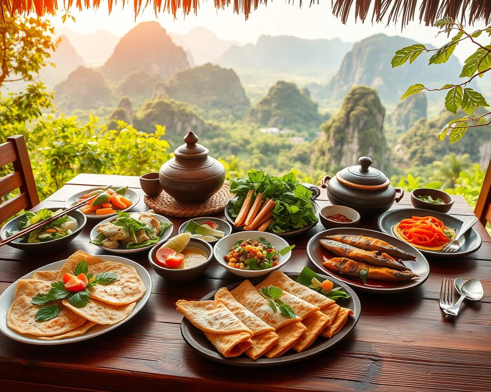A vibrant and colorful depiction of local specialties from Quang Binh Province, Vietnam, laid out on a rustic wooden table. In the foreground, showcase iconic dishes such as Bánh xèo (Vietnamese pancakes), grilled fish, and fresh vegetables, all beautifully garnished. In the middle, add traditional pottery and cutlery that highlight Vietnamese culture, alongside fresh herbs and spices that represent the region’s culinary richness. The background features the lush greenery of Phong Nha-Ke Bang National Park, with hints of towering limestone mountains. The scene is bathed in warm, natural lighting, simulating late afternoon sunlight for a welcoming atmosphere. Capture this from a slightly elevated angle to give a holistic view of the meal and surrounding nature, invoking a sense of adventure and exploration while celebrating the region's unique flavors. A vibrant and colorful depiction of local specialties from Quang Binh Province, Vietnam, laid out on a rustic wooden table. In the foreground, showcase iconic dishes such as Bánh xèo (Vietnamese pancakes), grilled fish, and fresh vegetables, all beautifully garnished. In the middle, add traditional pottery and cutlery that highlight Vietnamese culture, alongside fresh herbs and spices that represent the region’s culinary richness. The background features the lush greenery of Phong Nha-Ke Bang National Park, with hints of towering limestone mountains. The scene is bathed in warm, natural lighting, simulating late afternoon sunlight for a welcoming atmosphere. Capture this from a slightly elevated angle to give a holistic view of the meal and surrounding nature, invoking a sense of adventure and exploration while celebrating the region's unique flavors.