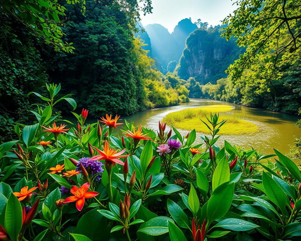 A vibrant and lush representation of the diverse flora in Phong Nha-Ke Bang National Park, Vietnam, capturing a rich tapestry of greenery. In the foreground, include a variety of tropical plants and colorful wildflowers, showcasing their intricate details and textures, with dew sparkling in the early morning light. The middle ground features towering limestone karsts draped in dense foliage, while rays of soft sunlight filter through the leaves, creating an enchanting atmosphere. In the background, a serene river gracefully winds through the landscape, reflecting the vivid greens and blues of the surroundings. The scene should evoke a sense of adventure and tranquility, with a balanced composition emphasizing the park's untouched beauty, viewed from an eye-level perspective to immerse the viewer in this lush paradise. A vibrant and lush representation of the diverse flora in Phong Nha-Ke Bang National Park, Vietnam, capturing a rich tapestry of greenery. In the foreground, include a variety of tropical plants and colorful wildflowers, showcasing their intricate details and textures, with dew sparkling in the early morning light. The middle ground features towering limestone karsts draped in dense foliage, while rays of soft sunlight filter through the leaves, creating an enchanting atmosphere. In the background, a serene river gracefully winds through the landscape, reflecting the vivid greens and blues of the surroundings. The scene should evoke a sense of adventure and tranquility, with a balanced composition emphasizing the park's untouched beauty, viewed from an eye-level perspective to immerse the viewer in this lush paradise.