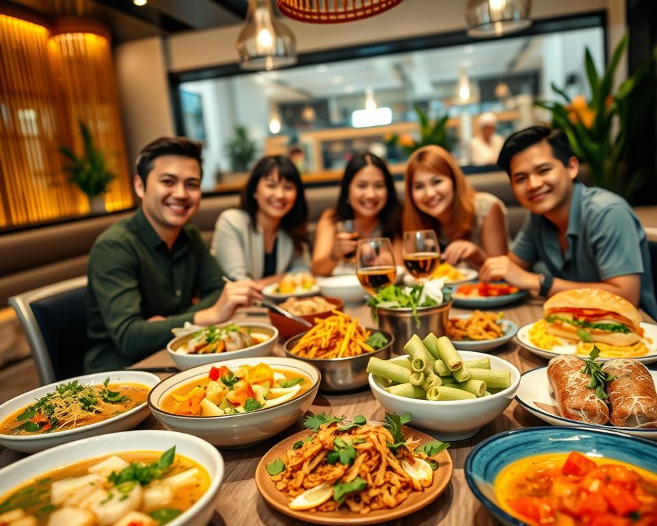 A vibrant dining scene showcasing Vietnamese specialties with a modern twist, featuring a beautifully arranged table in a cozy, contemporary restaurant. In the foreground, colorful dishes such as pho, fresh spring rolls, and banh mi, artfully presented with garnishes. The middle ground includes a group of smiling diners dressed in smart casual attire, enjoying their meal, creating a warm and inviting atmosphere. In the background, the restaurant's decor reflects Vietnamese culture with modern elements, including soft lighting and bamboo accents. The lighting is warm and subtle, enhancing the colors of the food and creating a welcoming ambiance. Capture the essence of authentic Vietnamese cuisine blended with modern dining aesthetics, conveying a sense of joy and culinary exploration.