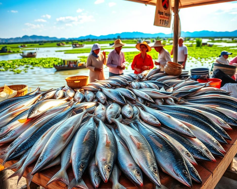 A vibrant scene at Tonle Sap Lake showcasing a bountiful catch of fresh fish arranged artistically on a traditional wooden market stall. In the foreground, several varieties of local fish, glistening in the sunlight, reflect the lake's shimmering waters. In the middle ground, local vendors in modest clothing enthusiastically display their catch, interacting with customers. The background reveals the lush green landscape of the lake, dotted with floating villages and distant mountains under a bright blue sky. Soft, natural lighting enhances the colors of the fish and the surrounding environment, creating a warm, inviting atmosphere. Capture this culinary delight with a slight depth of field to emphasize the freshness of the fish while gently blurring the background.