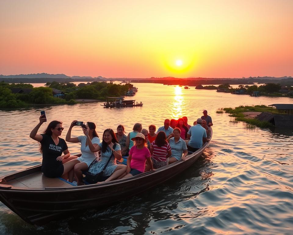 A vibrant scene capturing a Tonle Sap boat tour at sunset. In the foreground, a small traditional wooden boat filled with tourists dressed in modest casual clothing, happily taking photographs and enjoying the scenery. The middle ground features the shimmering lake, dotted with floating villages and lush greenery lining the shores, while the background showcases a vivid orange and pink sunset reflecting off the water. The scene is infused with a warm, tranquil atmosphere, with gentle ripples across the lake and soft, golden light casting an enchanting glow. The composition is shot from a slightly elevated angle, providing a sweeping view of the enchanting landscape, reminiscent of Cambodia's natural beauty.