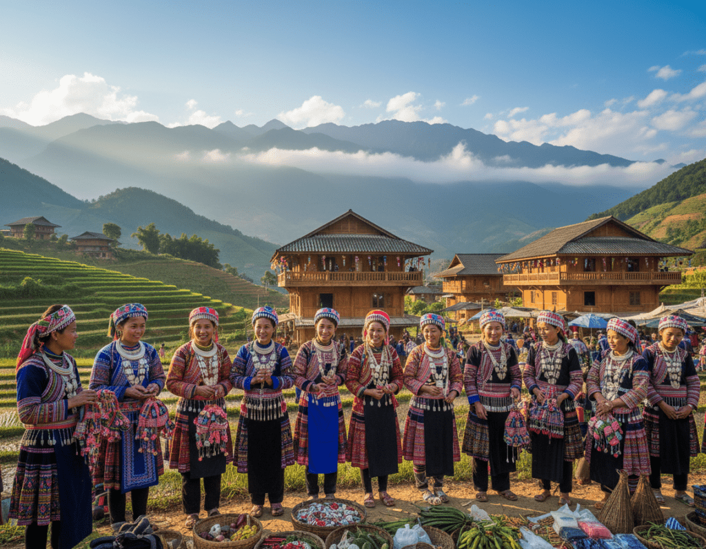 A vibrant scene capturing the essence of the "Kultur unterwegs" theme in Ha Giang, Vietnam. In the foreground, a group of diverse ethnic minority people dressed in colorful traditional costumes, engaging in lively conversation and trade at a bustling local market. The middle ground features quaint, wooden houses adorned with intricate patterns, surrounded by lush green rice terraces. The backdrop showcases majestic, mist-covered mountains under a clear blue sky, creating a breathtaking view. Soft, warm sunlight filters through the scene, casting gentle shadows and highlighting the rich textures of the clothing and landscape. The mood is lively and communal, reflecting the deep cultural heritage and hospitality of the region.