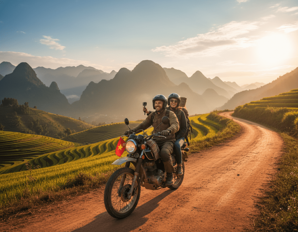 A vibrant scene depicting a motorcycle traveling along the Ha Giang Loop in Vietnam during golden hour. In the foreground, a group of tourists, dressed in casual but modest attire, ride on a classic motorcycle, capturing the spirit of adventure and exploration. The middle ground features lush green rice terraces and winding roads reflecting the unique topography of the region. In the background, majestic mountains loom under a clear blue sky, with soft clouds drifting above. The lighting is warm and inviting, casting long shadows and enhancing the vibrant colors of nature. The atmosphere feels exhilarating and serene, inviting viewers to experience the beauty of the Ha Giang Loop.