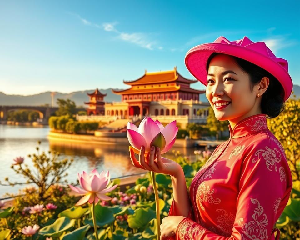 A vibrant scene depicting the best time to visit Huế, Vietnam. In the foreground, a traditional Vietnamese lady in a colorful áo dài holds a lotus flower, symbolizing the beauty of spring. In the middle ground, the iconic Imperial City with its ancient architecture basking in golden sunlight, surrounded by blooming flowers and lush greenery. The background features the majestic Perfume River under a clear blue sky. Soft, warm lighting enhances the inviting atmosphere, capturing the essence of the various festivals celebrated during this season. The image conveys a sense of tranquility and cultural richness, reflecting the charm and vibrancy of Huế's climate during peak travel times.