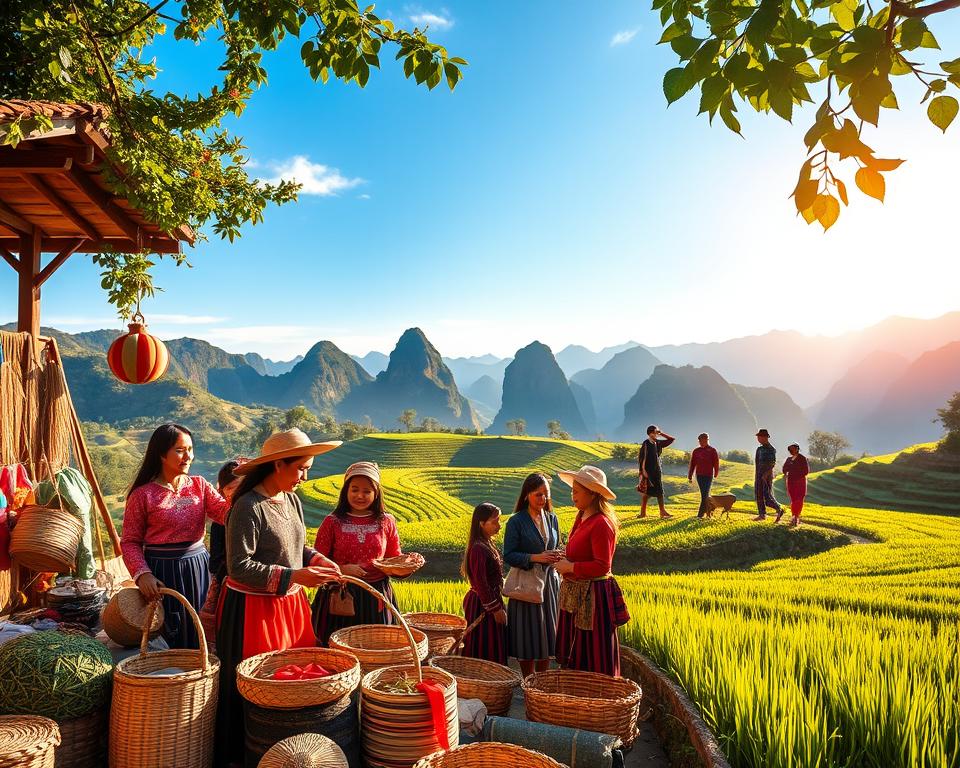 A vibrant scene depicting the diverse ethnic groups of Northern Vietnam, showcasing traditional attire and cultural symbols. In the foreground, a group of Hmong and Tay people, dressed in colorful, intricate clothing, engages in a lively market setting, surrounded by woven baskets and handmade crafts. The middle ground features lush terraced rice fields under a clear blue sky, with a gentle breeze rustling the leaves. In the background, the magnificent limestone mountains rise against the horizon, bathed in warm, golden sunlight. The image captures a sense of warmth and community, reflecting the rich cultural heritage of Northern Vietnam. The overall mood is inviting and vibrant, highlighting the harmony between nature and local traditions.