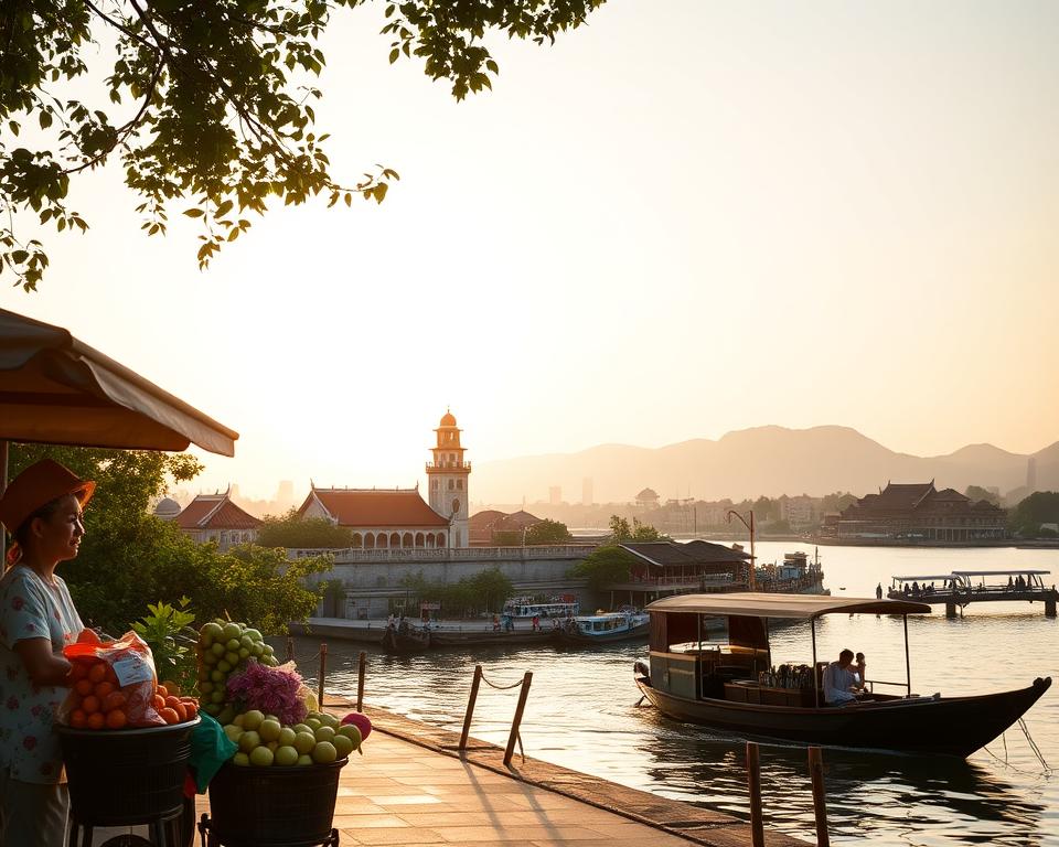 A vibrant scene depicting the picturesque city of Huế, Vietnam, showcasing a well-planned itinerary for exploring its historical gems. In the foreground, a traditional Vietnamese street vendor sells fresh local fruits and snacks, capturing the essence of local culture. The middle ground features iconic landmarks such as the Imperial City with its majestic architecture and ornate rooftops, flanked by lush greenery. In the background, the Perfume River gently flows with a bamboo boat gliding across, framed by distant mountains under a golden sunset sky, creating a warm, inviting atmosphere. The lighting is soft and natural, highlighting the intricate details of the city's heritage. The image captures the rich culture and tranquility of Huế, inviting viewers to immerse themselves in the city’s beauty.