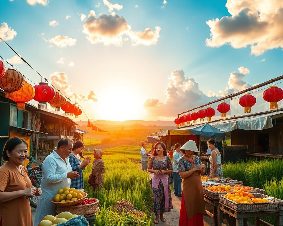 A vibrant scene depicting the rich culture of Southern Vietnam, showcasing a traditional market. In the foreground, a group of cheerful villagers in modest, colorful attire engage in lively exchanges while selling fresh fruits and handcrafted goods. The middle ground features a variety of stalls adorned with traditional Vietnamese lanterns and textiles, creating a warm and inviting atmosphere. In the background, lush green rice paddies stretch towards the horizon under a bright blue sky with fluffy white clouds. The lighting is soft and natural, evoking the golden hour just before sunset, casting a warm glow over the scene. The overall mood is one of community and cultural richness, capturing the essence of daily life and traditions in Southern Vietnam.