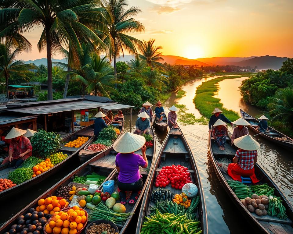 A vibrant scene of floating markets in the Mekong Delta, Vietnam. In the foreground, colorful wooden boats laden with fresh fruits and vegetables, with local vendors wearing traditional conical hats, actively engaging with customers. The middle ground features serene, winding waterways surrounded by lush green palm trees and tropical foliage. The background reveals gentle hills and a vivid sunset casting warm golden light across the landscape, creating a peaceful yet bustling atmosphere. The scene is captured with a wide-angle lens, emphasizing the variety and abundance of goods in the markets. Soft, diffused lighting enhances the tropical feel, evoking a sense of adventure and cultural richness in this picturesque setting.