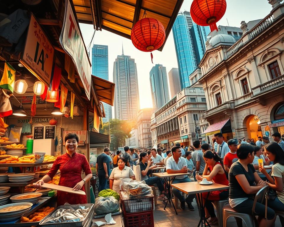 A vibrant street food scene in Ho Chi Minh City, showcasing a busy market stall filled with an array of fresh Vietnamese dishes like pho, banh mi, and spring rolls. In the foreground, a smiling vendor in a traditional áo dài serves customers from a rustic stall adorned with colorful banners and lanterns. The middle ground features locals and tourists sitting at small tables enjoying their meals, with the aroma of spices and herbs filling the air. In the background, modern skyscrapers contrast with colonial architecture, hinting at the city's rich history. The lighting is warm, capturing the golden hour, while a slight overhead angle provides an immersive view, inviting viewers to experience the lively atmosphere of this bustling city. The overall mood is cheerful and inviting, reflecting the essence of street food culture in Vietnam.