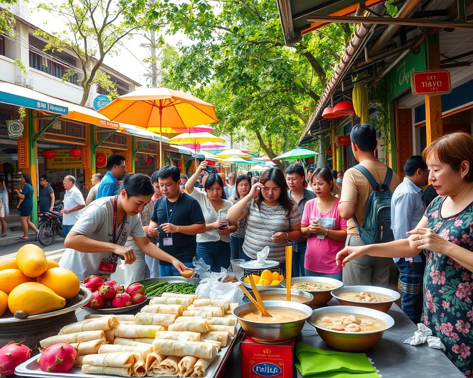 A vibrant street food scene in Southern Vietnam, showcasing an array of colorful dishes and bustling local markets. In the foreground, a vendor skillfully prepares fresh spring rolls and aromatic pho, surrounded by bright fruits like dragon fruit and mango. The middle ground features diverse customers, including locals and tourists enjoying their meals, dressed in modest casual clothing. The background reveals traditional Vietnamese architecture with lush greenery and colorful umbrellas shading the street, with soft, dappled sunlight filtering through the trees. The atmosphere is lively and inviting, with a warm, inviting color palette that emphasizes the rich culinary culture. Capture the essence of street food adventures in this picturesque moment. Use a slightly elevated angle to encompass the vibrant details while maintaining a clear focus on the food and interaction.