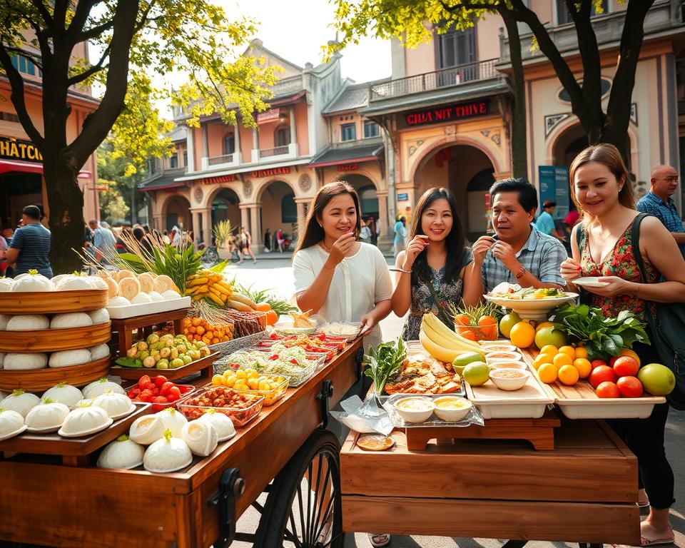 A vibrant street market scene in Huế, showcasing a rich display of traditional Vietnamese cuisine. In the foreground, a wooden cart laden with colorful dishes such as Bánh bèo (steamed rice cakes), Bún bò Huế (beef noodle soup), and fresh fruit, artfully arranged with garnishes. In the middle ground, a few patrons, dressed in modest casual clothing, eagerly sampling the food, their smiles capturing the joy of culinary exploration. The background features historical architecture with distinct Huế style, adding cultural depth to the scene. Soft, warm sunlight filters through the trees, casting dappled shadows and enhancing the inviting atmosphere. The composition is dynamic, with a slightly tilted angle to evoke a lively, bustling market vibe, celebrating the essence of Huế’s rich food culture.