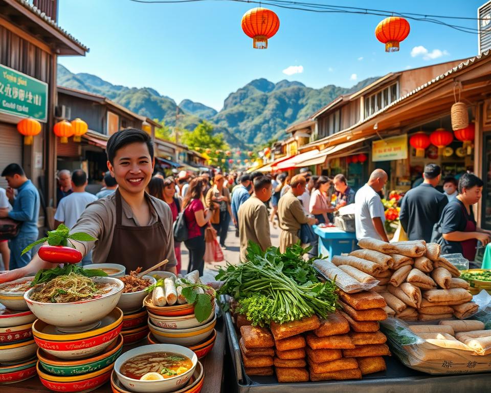 A vibrant street market scene in Northern Vietnam, showcasing a variety of traditional dishes. In the foreground, a wooden stall piled high with colorful bowls of pho, fresh spring rolls, and banh mi sandwiches, garnished with herbs and spices. A friendly vendor, dressed in modest casual clothing, smiles as they serve a customer. In the middle, bustling crowds of locals and tourists marvel at the food, with vendors calling out to attract attention. In the background, lush green mountains rise against a bright blue sky, while lanterns adorn the surrounding buildings. The scene is bathed in warm, golden sunlight, creating an inviting and lively atmosphere that captures the essence of culinary delights in Northern Vietnam. Shot from a slightly elevated angle to encompass the bustling market ambiance.