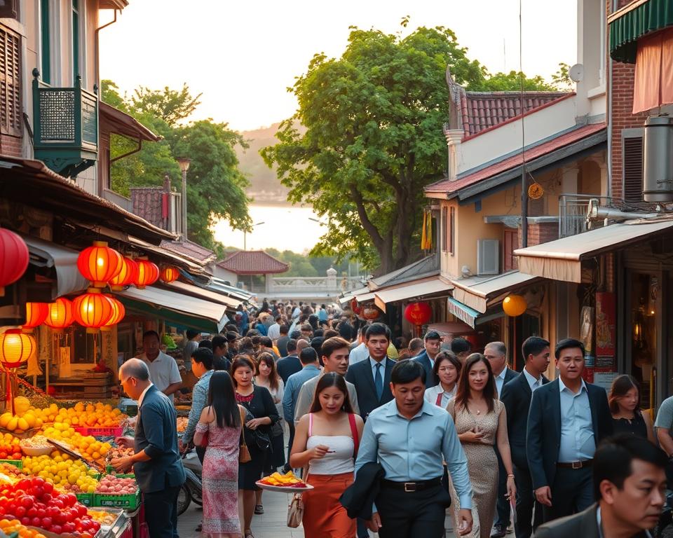 A vibrant street scene in Hanoi, showcasing the lively culture and charming chaos of the city. In the foreground, a bustling market with vendors selling fresh fruits and traditional street food, colorful stalls adorned with lanterns. The middle ground features a blend of traditional Vietnamese architecture and colonial-era buildings, with people in professional business attire and modest casual clothing interacting and strolling down a narrow, lively street. In the background, the iconic Hoan Kiem Lake shimmering under the warm golden glow of the evening sun, framed by lush green trees. The atmosphere is energetic yet serene, capturing the essence of Hanoi’s allure. The image should be shot from a slight low angle to emphasize the vibrancy of the scene and create depth.