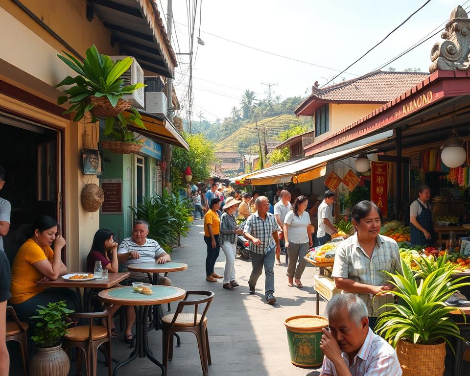 A vibrant street scene in South Vietnam, showcasing local life on a budget. In the foreground, a modest café with outdoor seating, featuring affordable traditional dishes like pho and banh mi. Local people, dressed in modest casual clothing, engage in conversations and enjoy their meals. The middle ground highlights a bustling market filled with colorful produce, handmade goods, and tourists exploring with smiles. The background features lush greenery and traditional Vietnamese architecture, with rice paddies under a bright blue sky. Soft, warm lighting creates an inviting atmosphere, and the angle is slightly elevated, providing a panoramic view of the scene. Capture the essence of affordability and cultural vibrancy, evoking a sense of adventure and warmth in this vibrant South Vietnamese setting.