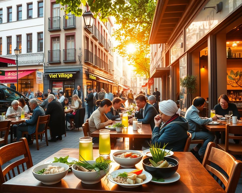 A vibrant street scene of "Viet Village Köln," showcasing an authentic Vietnamese restaurant ambiance. In the foreground, include a beautifully arranged table with fresh Vietnamese dishes like pho, spring rolls, and green tea, set against traditional bamboo and wooden decorations. The middle ground features a bustling dining area filled with diverse patrons enjoying their meals, dressed in modest casual clothing and business attire, exuding warmth and friendliness. In the background, capture the essence of Köln with historic architecture and charming street lamps, softly illuminated by golden-hour sunlight filtering through foliage. The atmosphere should be inviting and lively, reflecting a blend of Vietnamese culture and local charm, with an overall warm, cozy mood that encourages community and togetherness.
