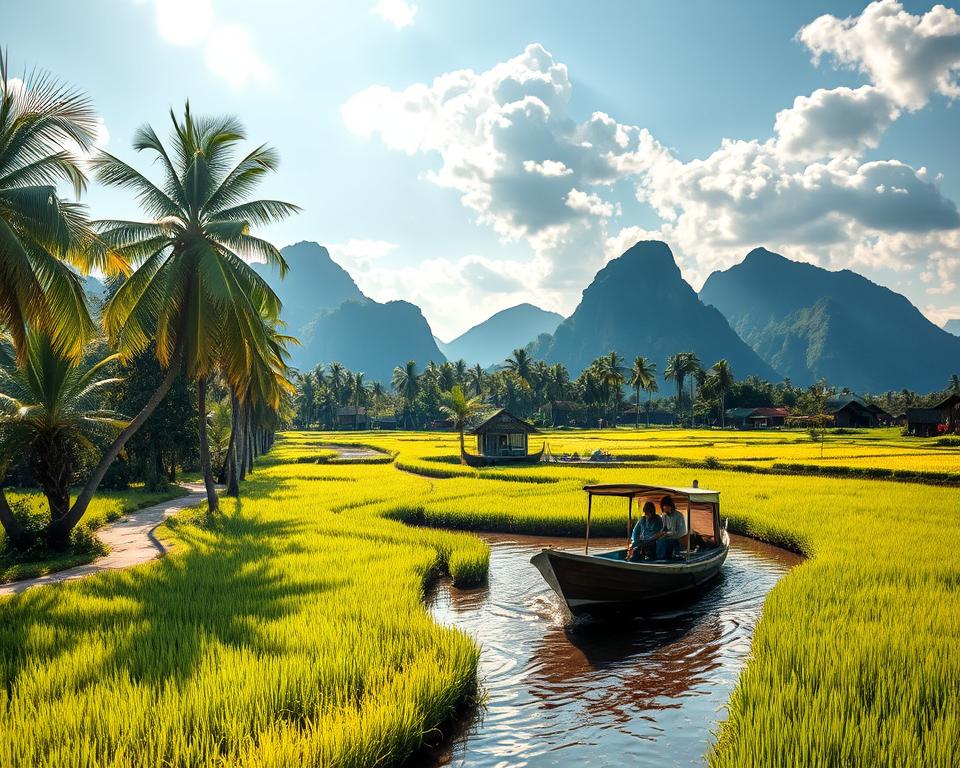 A winding path through the lush landscapes of Southern Vietnam, showcasing vibrant rice paddies shimmering under the golden sun, with palm trees swaying gently in the breeze. In the foreground, a traditional Vietnamese wooden boat floats gracefully on a serene river, reflecting the rich greenery surrounding it. The middle ground features a quaint village with stilted houses, where locals in modest clothing engage in daily activities. In the background, majestic limestone mountains rise against a bright blue sky dotted with fluffy white clouds, creating a sense of depth and tranquility. The scene is illuminated by soft, warm lighting, evoking a peaceful and inviting atmosphere, ideal for travel exploration. Emphasize the beauty and accessibility of these scenic routes for unforgettable journeys through this enchanting region.