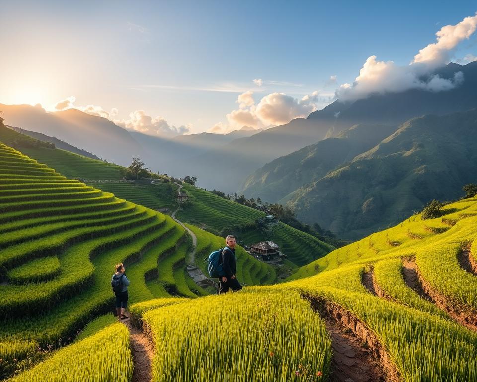 Lush green terraced rice paddies cascading down steep hillsides in Sapa, Vietnam, illuminated by soft, diffused sunlight at golden hour. In the foreground, a narrow, winding path leads through vibrant green crops, dotted with modestly dressed local hikers admiring the scenery. The middle ground features traditional wooden stilt houses nestled amidst the terraces, surrounded by wildflowers. In the background, towering peaks of the Hoàng Liên Mountains rise majestically into a clear blue sky, partially shrouded in wispy clouds, evoking a sense of tranquility and adventure. The atmosphere is peaceful and serene, capturing the beauty and richness of the Vietnamese countryside. The angle showcases a panoramic view that highlights the sweeping landscape.